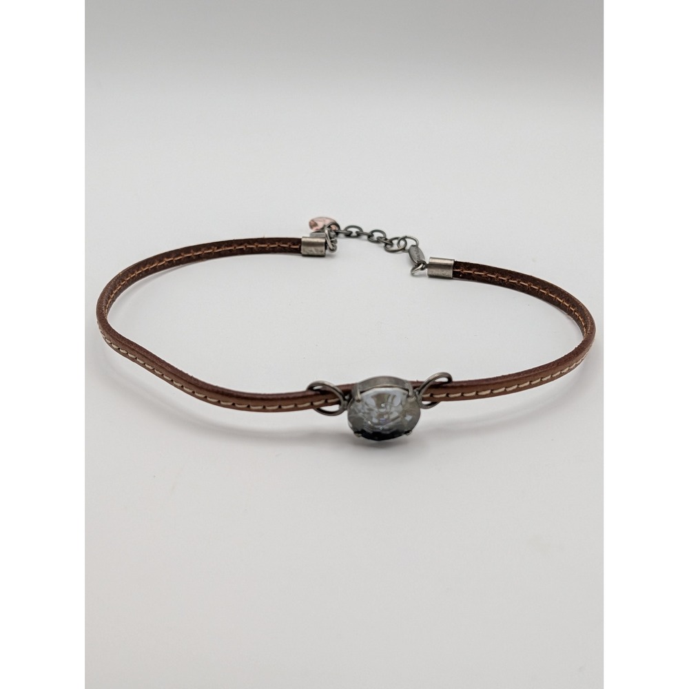 Sabika Leather Choker‎ Necklace Crystal Slide Pendant Heart Charm Signed